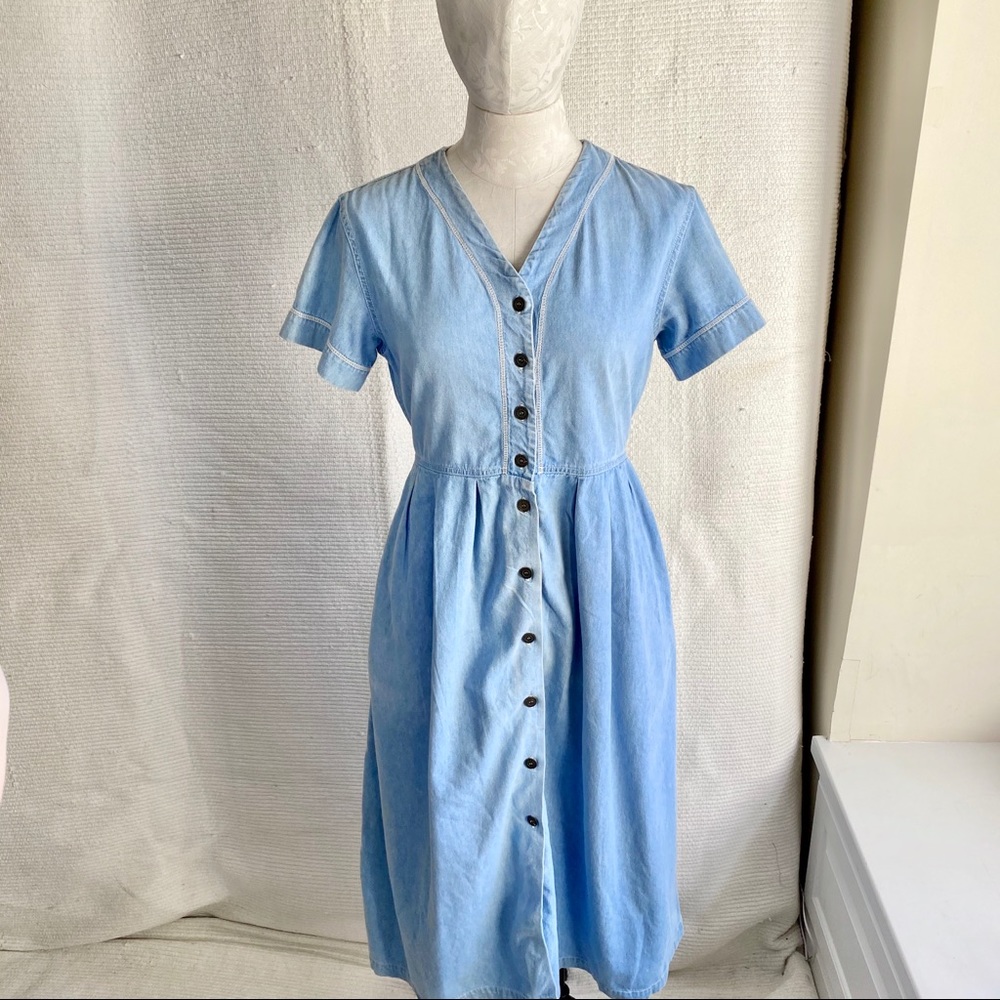 Vintage 90s S/M Jean Denim Babydoll Midi Dress - Picture 2 of 8